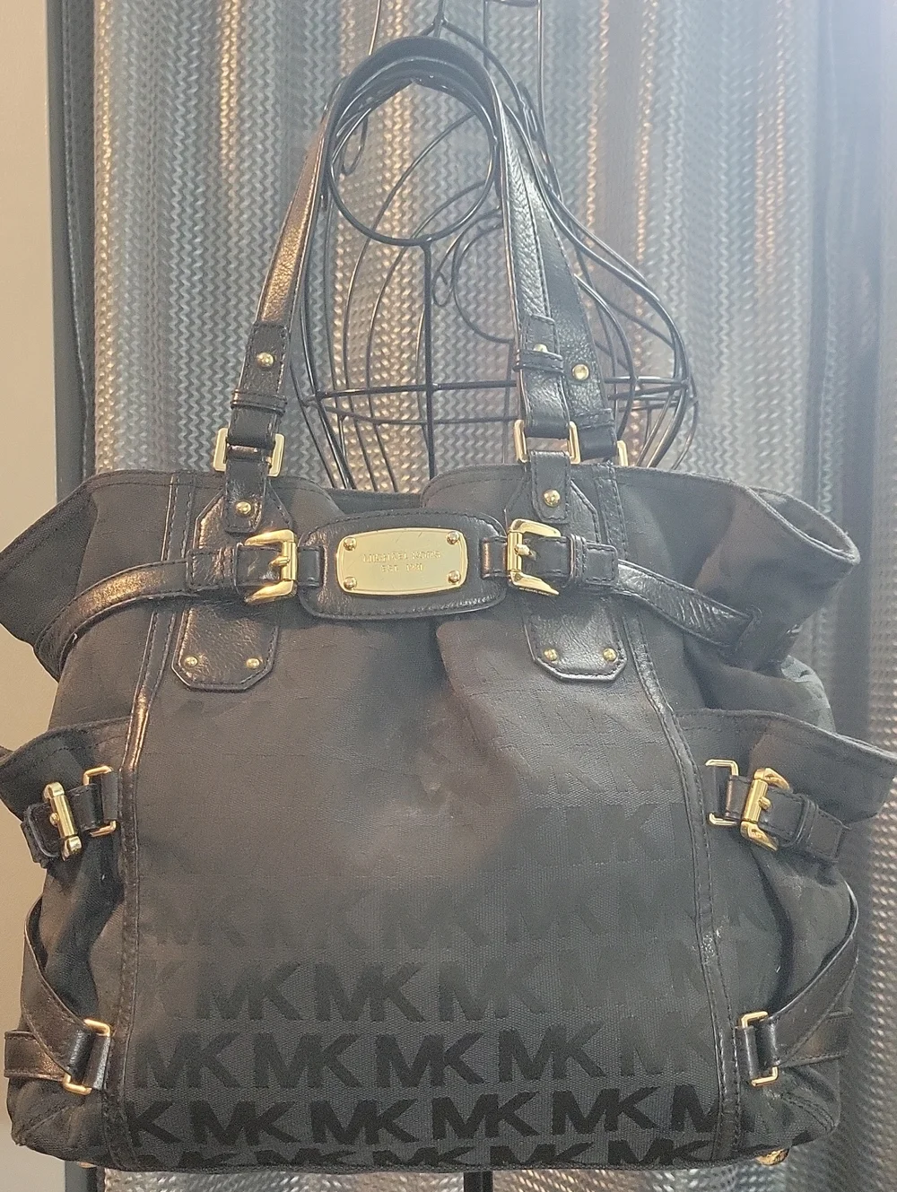 Michael Kors Black Logo Jacquard Tote with Gold Hardware